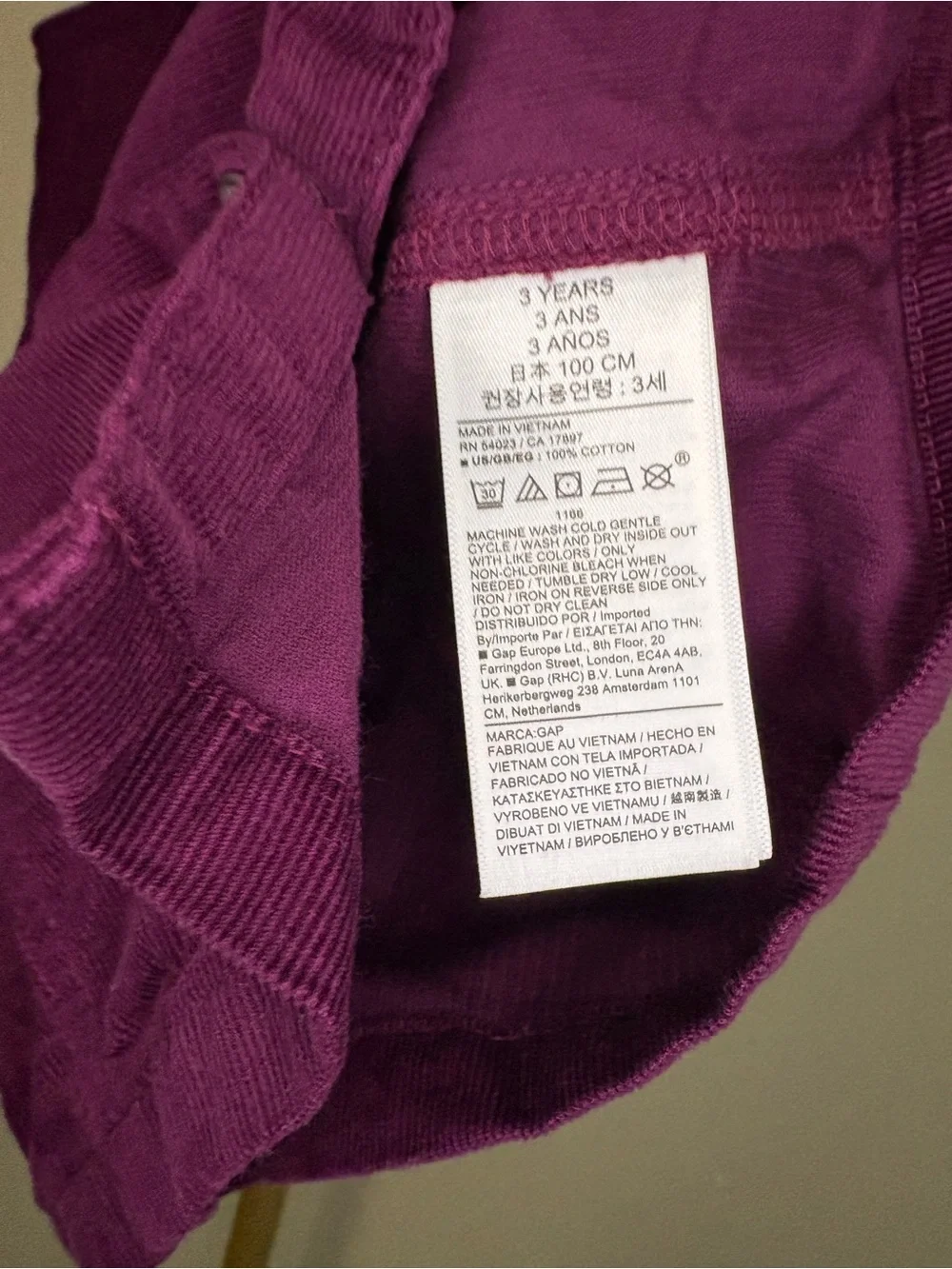 Gap Toddler Girls Purple Corduroy Button-Front Pinafore Dress